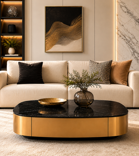 Curved Edge Luxe Marble Coffee Table with Storage