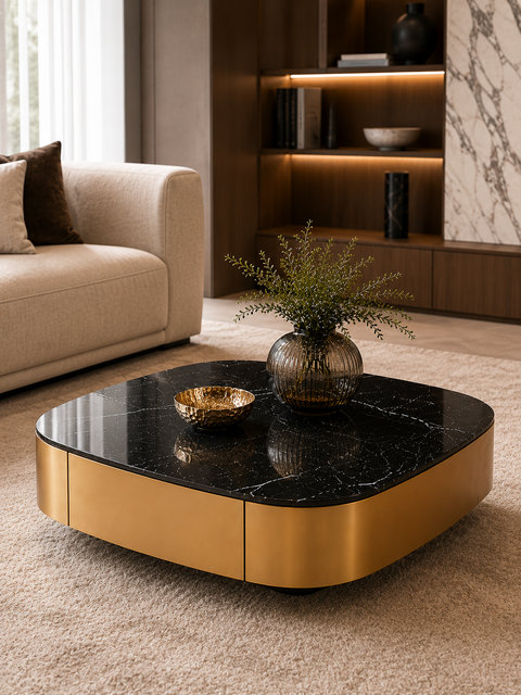 Curved Edge Luxe Marble Coffee Table with Storage