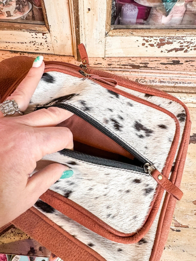 Custom Branded Cowhide with Your Farm Brand, Initials, Logo, Sling Bag, Crossbody Bag, Bum Bag, Cow Print Purse-Purs-The Sterling Gypsy-12”x10”-Urbanheer