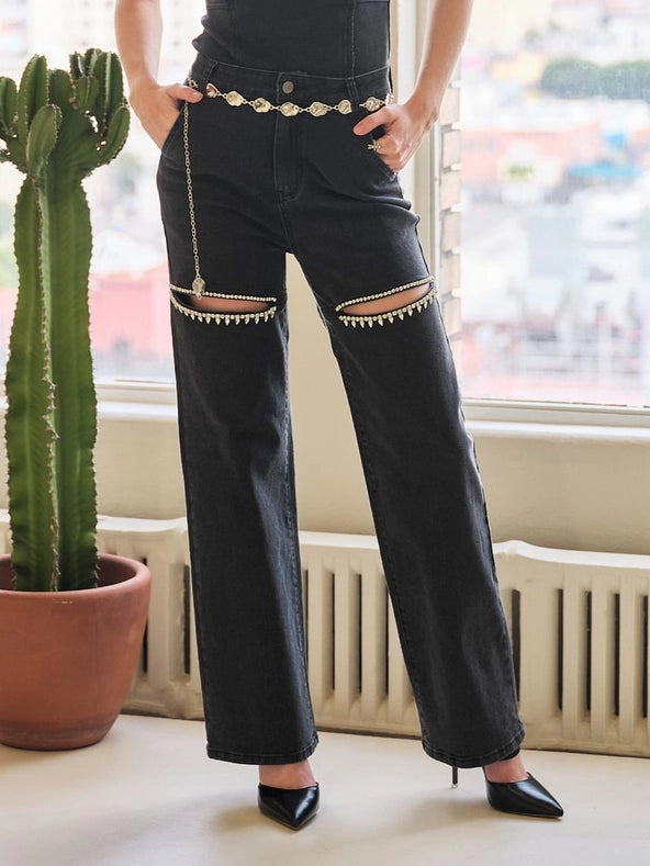 Cut Out Front Rhinestone Washed Denim Jeans Black
