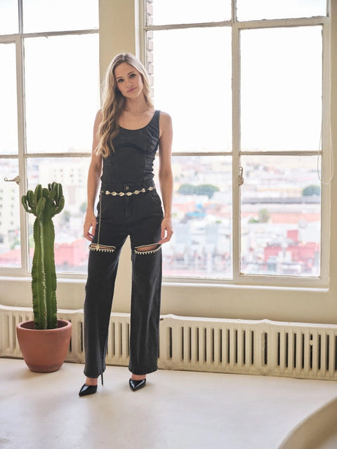 Cut Out Front Rhinestone Washed Denim Jeans Black-Jeans-Blue B-S-Black-Urbanheer