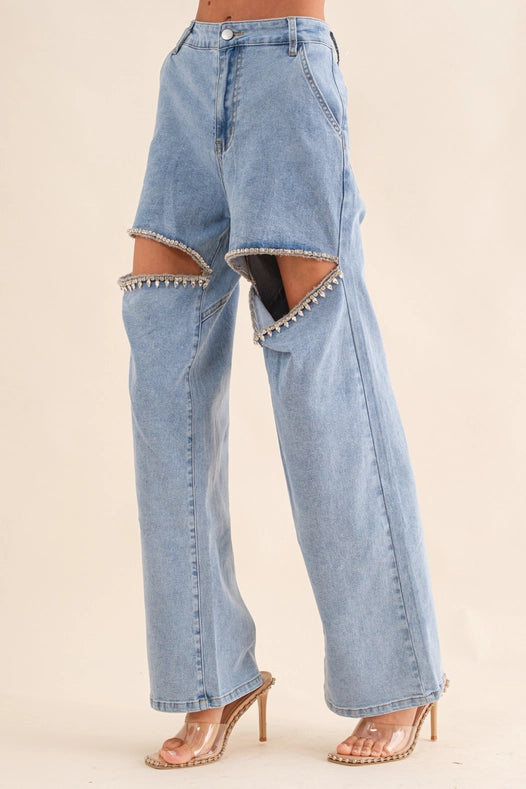 Cut Out Front Rhinestone Washed Denim Jeans Light Wash-Jeans-Blue B-S-LIGHT WASH-Urbanheer