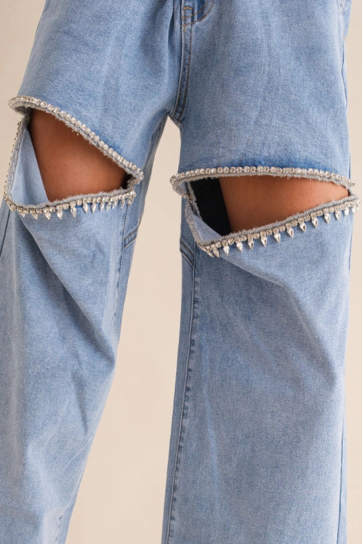Cut Out Front Rhinestone Washed Denim Jeans Light Wash