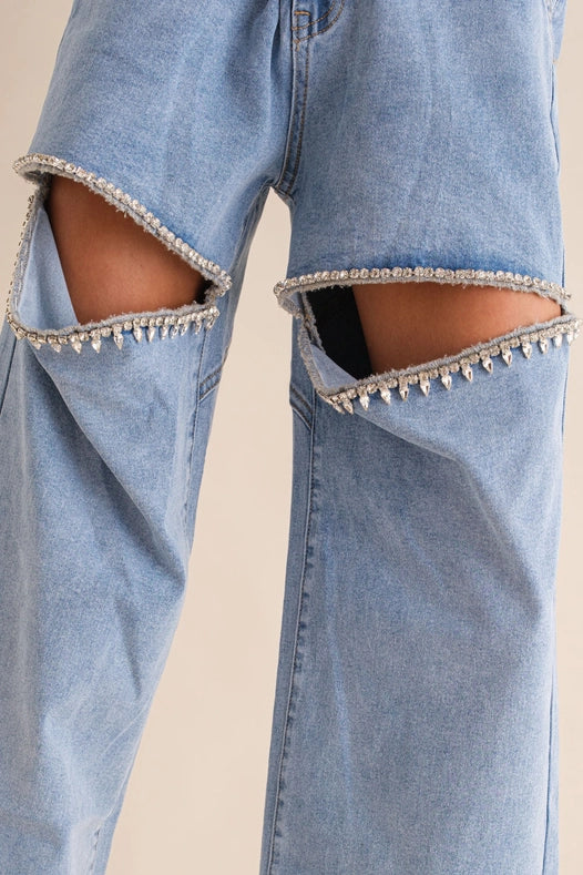 Cut Out Front Rhinestone Washed Denim Jeans Light Wash-Jeans-Blue B-S-LIGHT WASH-Urbanheer