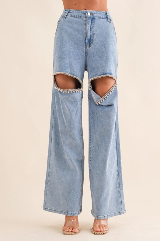 Cut Out Front Rhinestone Washed Denim Jeans Light Wash