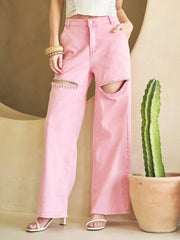 Cut Out Front Rhinestone Washed Denim Jeans Pink-Jeans-Blue B-S-Pink-Urbanheer
