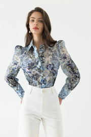 Cyrus Silk Puff Sleeve Blouse-Blouse-WE ARE KINDRED-AU 6 / US 2-ULTRAMARINE FLORAL-Urbanheer