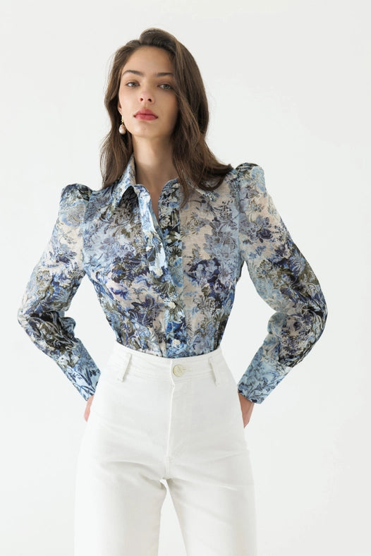 Cyrus Silk Puff Sleeve Blouse-Blouse-WE ARE KINDRED-AU 6 / US 2-ULTRAMARINE FLORAL-Urbanheer