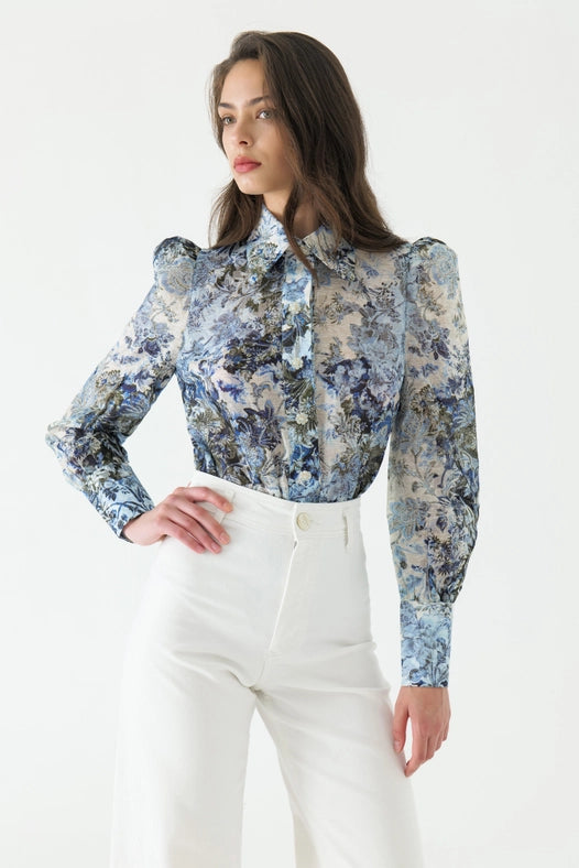 Cyrus Silk Puff Sleeve Blouse-Blouse-WE ARE KINDRED-AU 6 / US 2-ULTRAMARINE FLORAL-Urbanheer