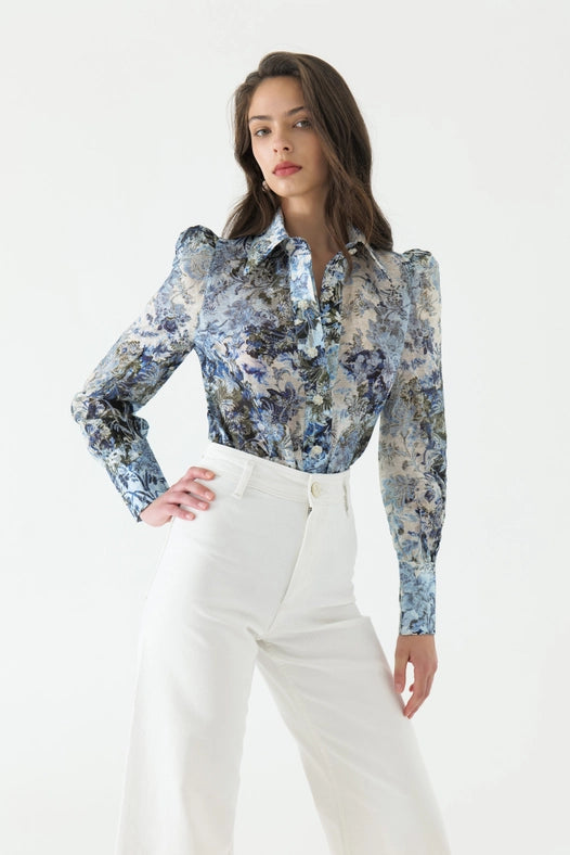 Cyrus Silk Puff Sleeve Blouse-Blouse-WE ARE KINDRED-AU 6 / US 2-ULTRAMARINE FLORAL-Urbanheer