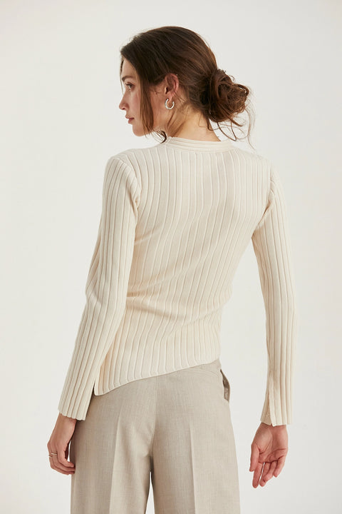 Danielle Rib Knit Asymmetric Hem Top Beige