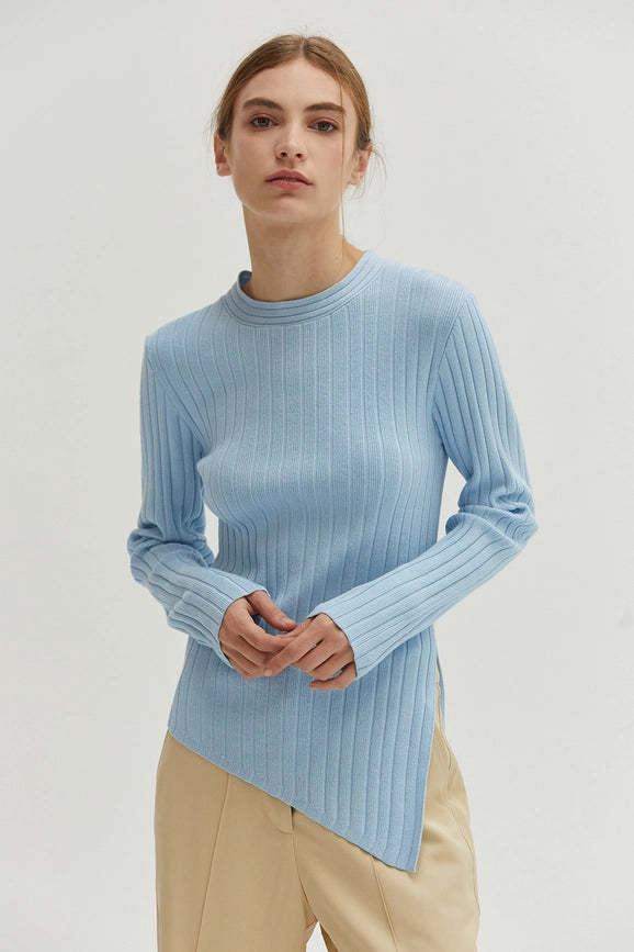Danielle Rib Knit Asymmetric Hem Top Light Blue-Top-Crescent-XS-Light Blue-Urbanheer