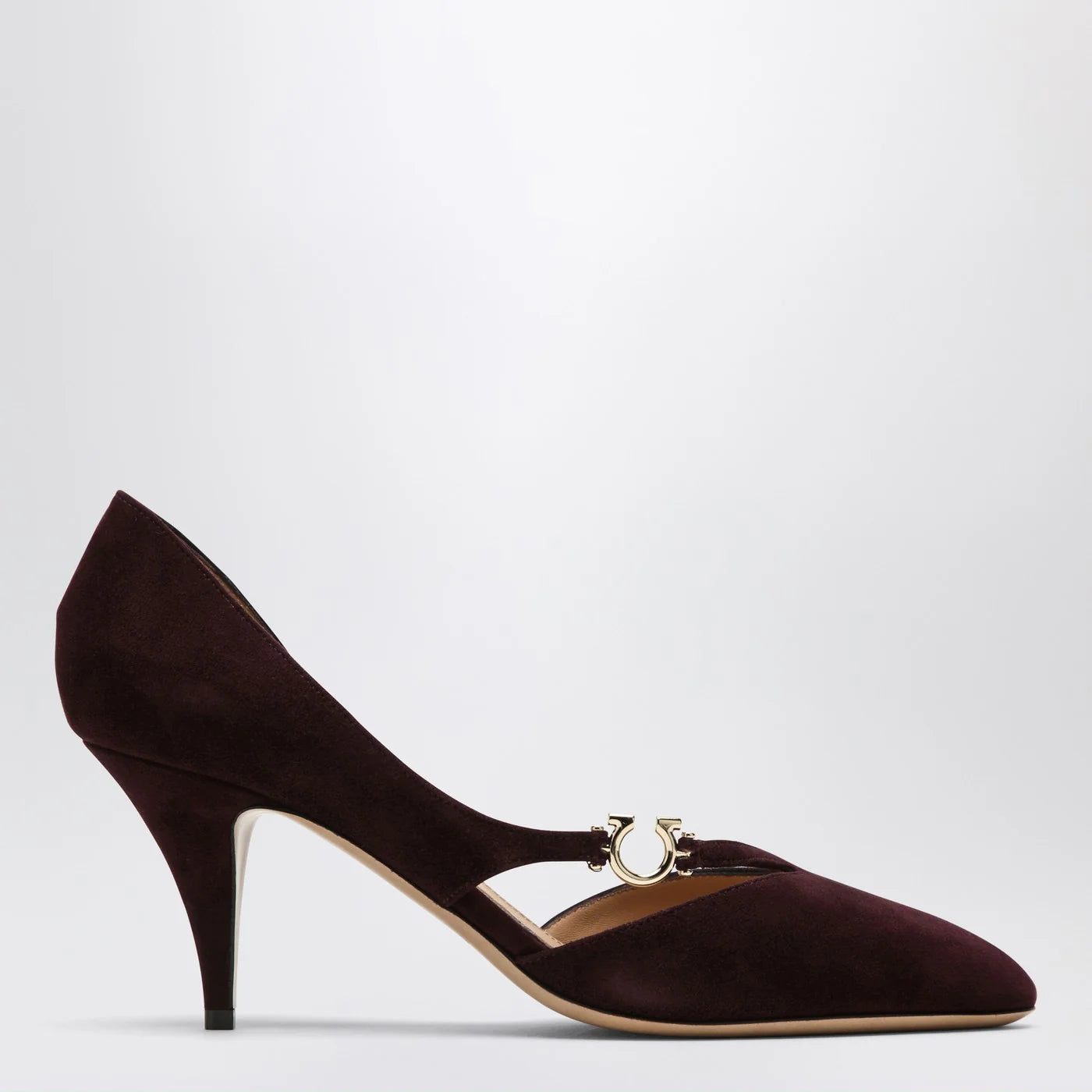 Dark Barolo Suede Pumps with Gancini Detail