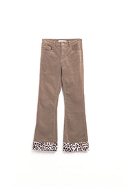 Dark Beige Corduroy Flare Pants with Leopard Print At the Bottom-Pants-Q2-XS-Beige-Urbanheer