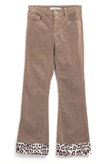 Dark Beige Corduroy Flare Pants with Leopard Print At the Bottom-Pants-Q2-XS-Beige-Urbanheer