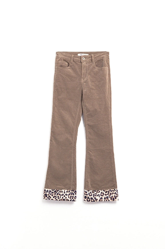 Dark Beige Corduroy Flare Pants with Leopard Print At the Bottom-Pants-Q2-XS-Beige-Urbanheer