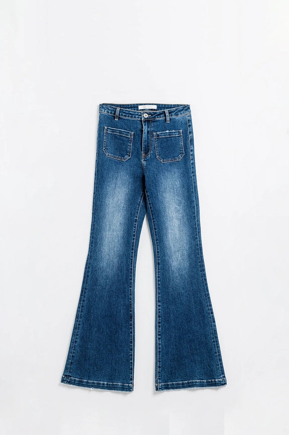 Dark Blue Flared Jeans with Front Pockets-Jeans-Q2-XS-Dark Blue-Urbanheer