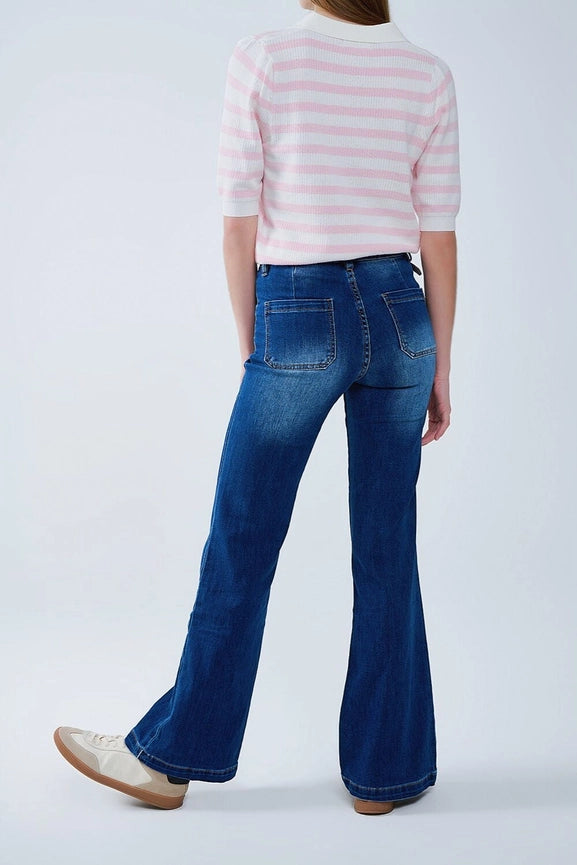 Dark Blue Flared Jeans with Front Pockets-Jeans-Q2-XS-Dark Blue-Urbanheer