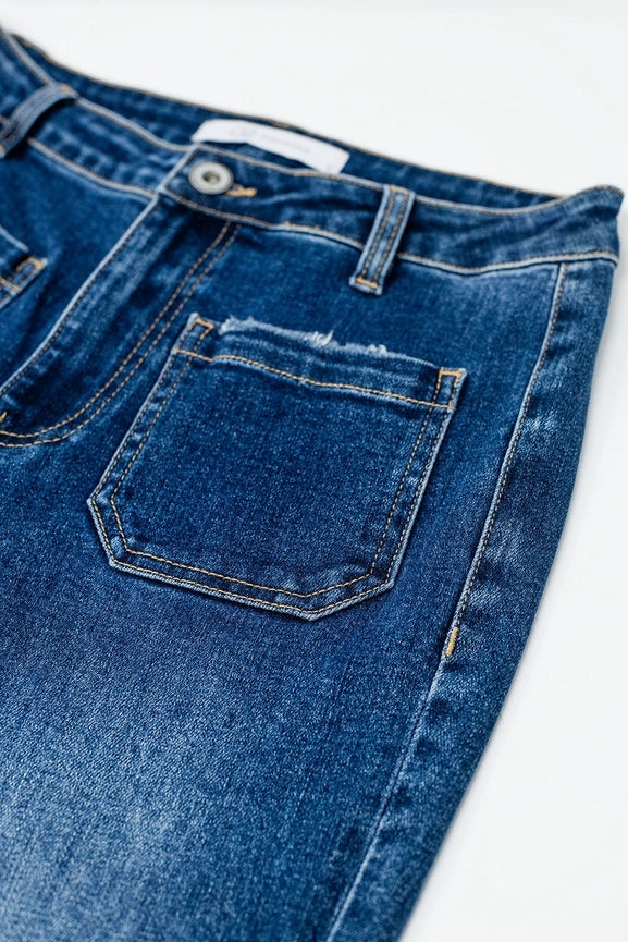 Dark Blue Flared Jeans with Front Pockets-Jeans-Q2-XS-Dark Blue-Urbanheer