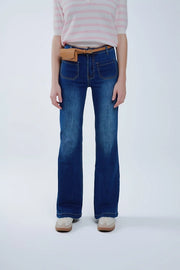 Dark Blue Flared Jeans with Front Pockets-Jeans-Q2-XS-Dark Blue-Urbanheer