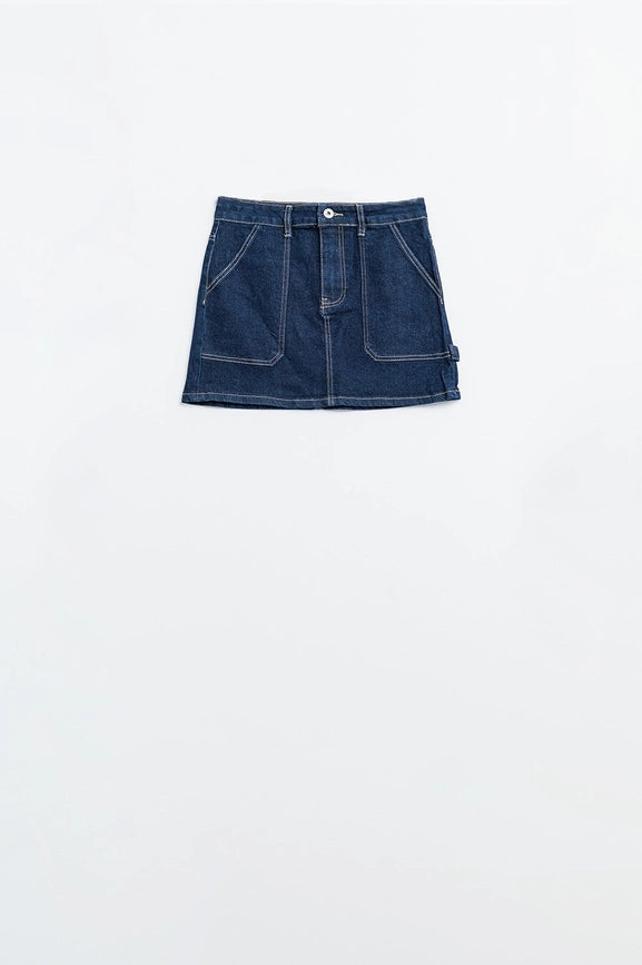 Dark Wash Denim Mini Skirt with Front Pockets-Skirt-Q2-XS-Blue-Urbanheer