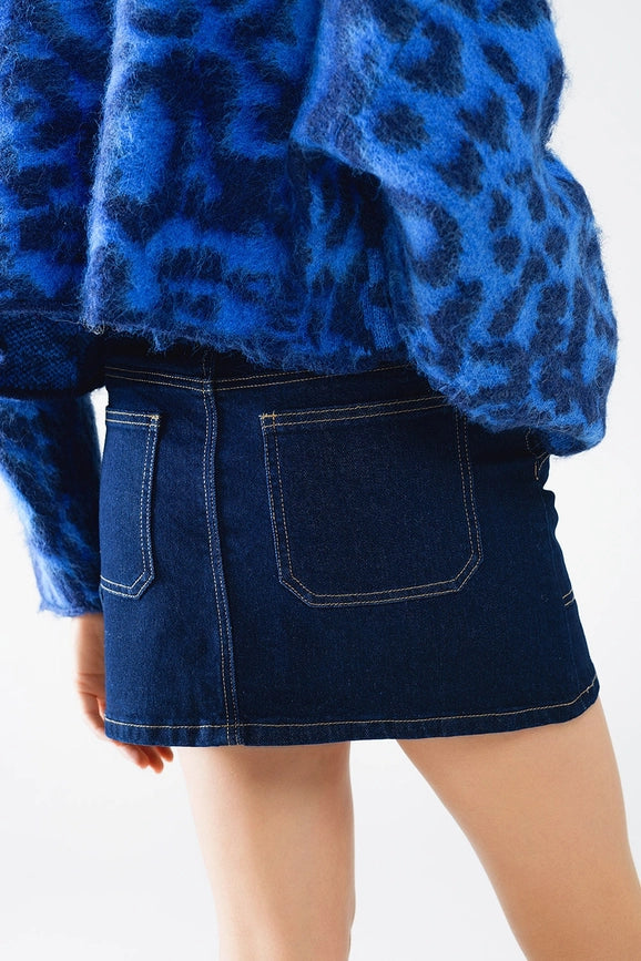 Dark Wash Denim Mini Skirt with Front Pockets-Skirt-Q2-XS-Blue-Urbanheer