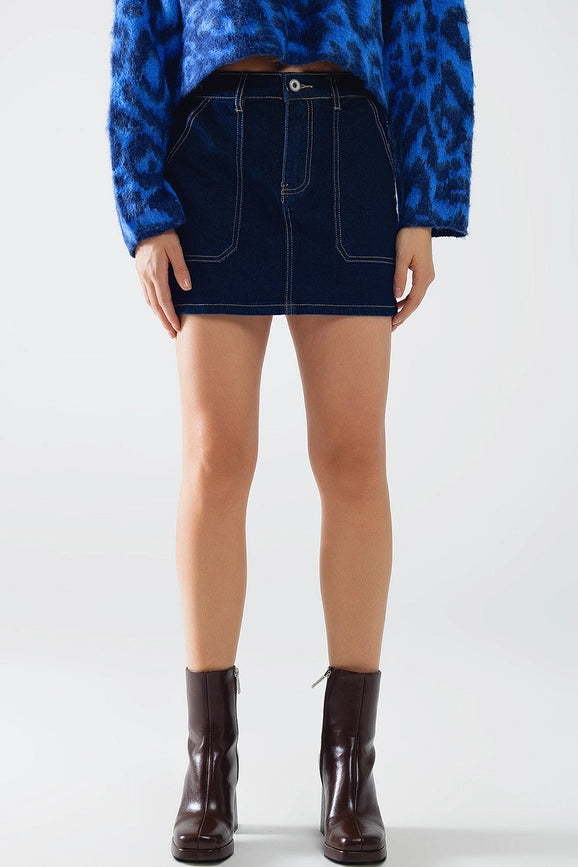 Dark Wash Denim Mini Skirt with Front Pockets-Skirt-Q2-XS-Blue-Urbanheer