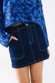 Dark Wash Denim Mini Skirt with Front Pockets-Skirt-Q2-XS-Blue-Urbanheer