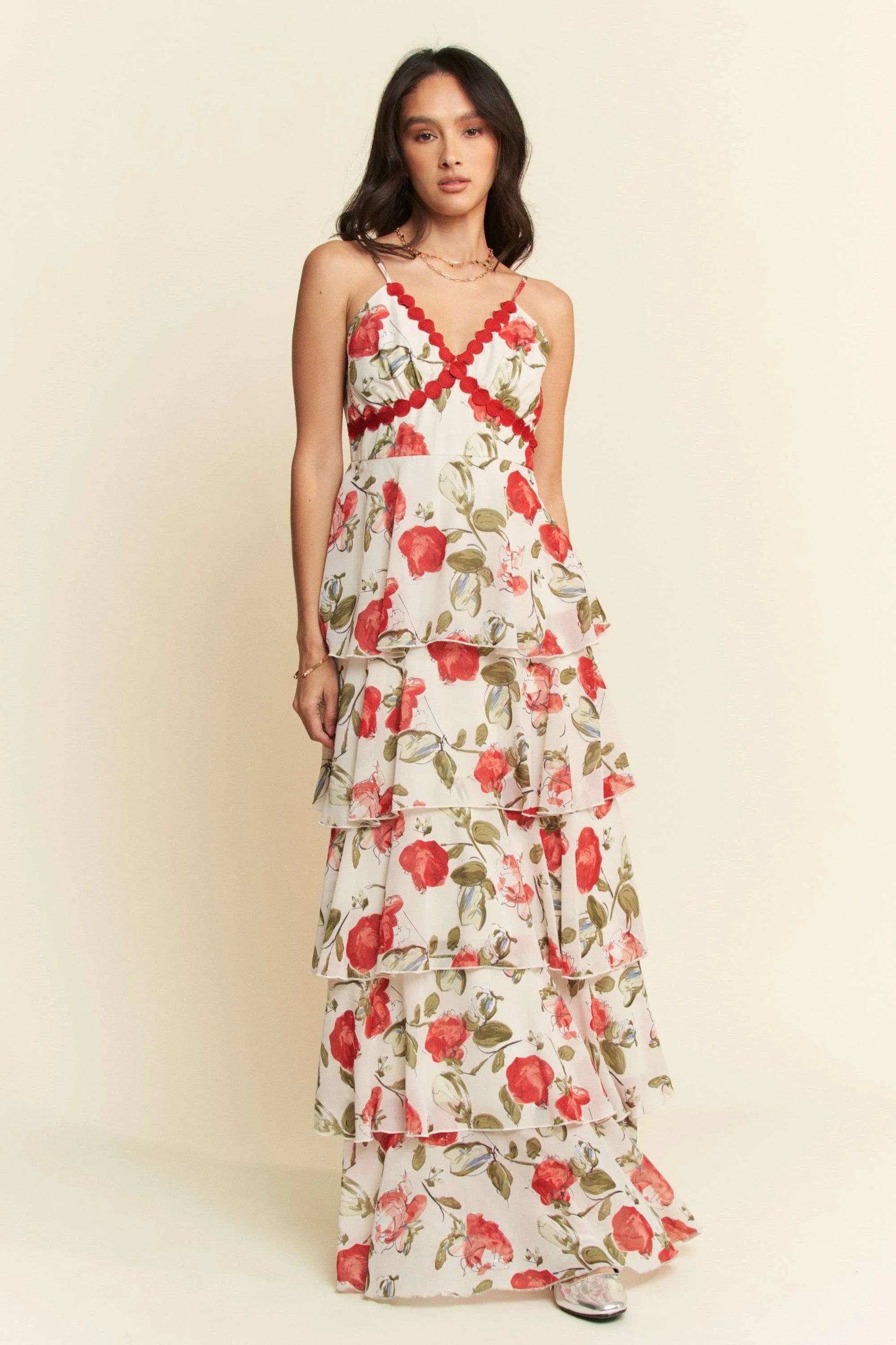 Davi & Dani Contrast Ring Lace Layered Ruffle Maxi Cami Dress-Davi & Dani-IVORY RED-S-Urbanheer