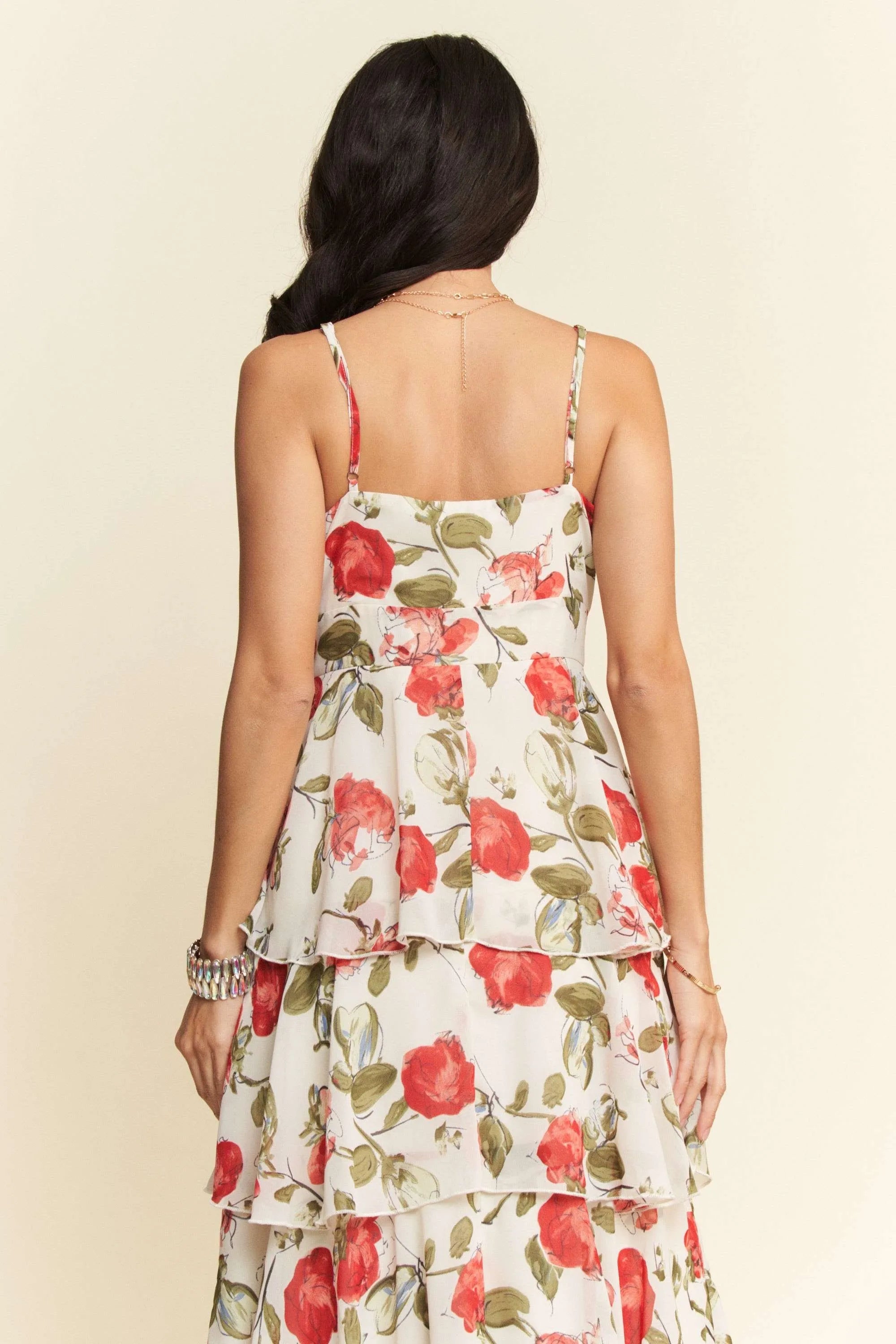 Davi & Dani Contrast Ring Lace Layered Ruffle Maxi Cami Dress-Davi & Dani-IVORY RED-S-Urbanheer