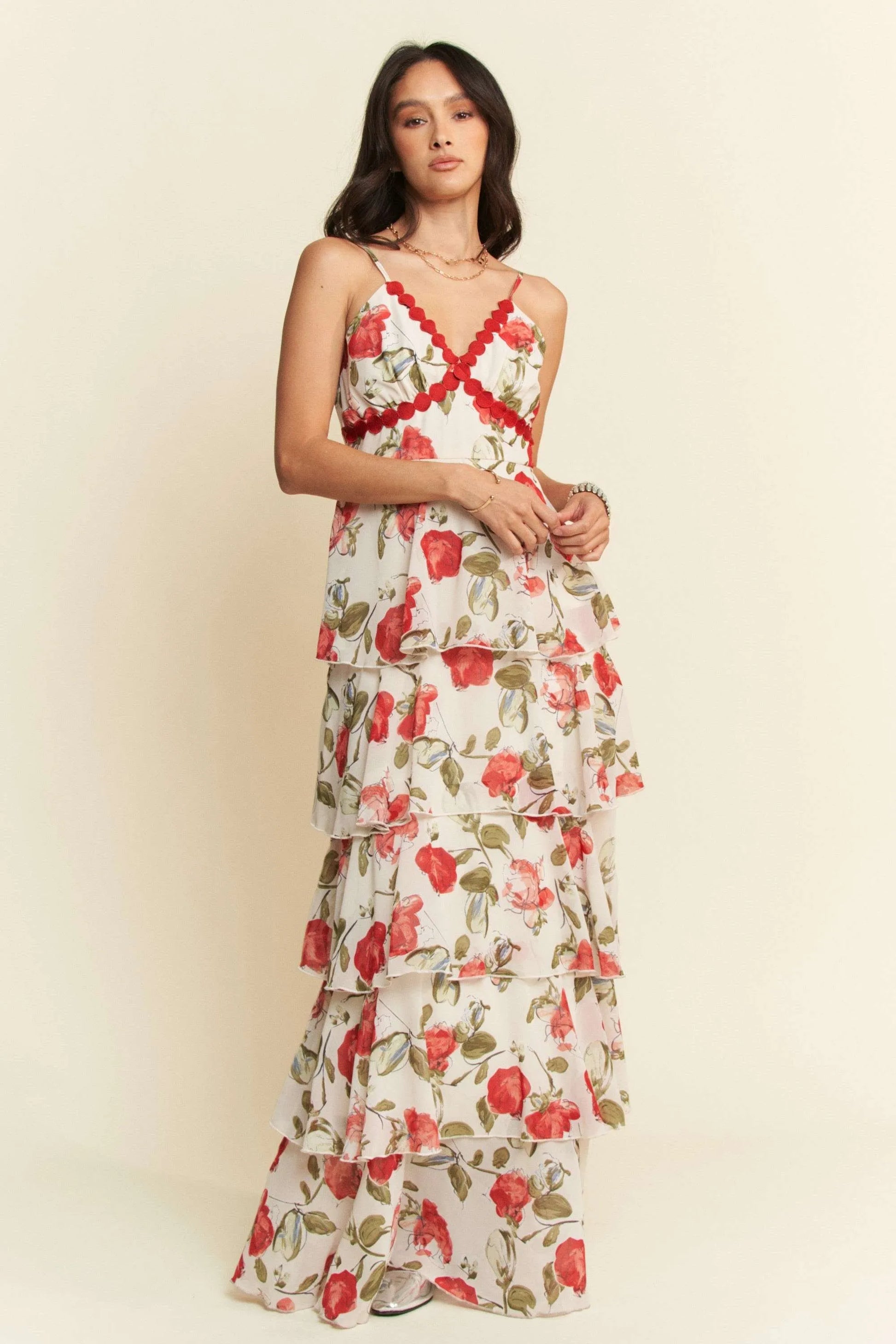 Davi & Dani Contrast Ring Lace Layered Ruffle Maxi Cami Dress-Davi & Dani-IVORY RED-S-Urbanheer
