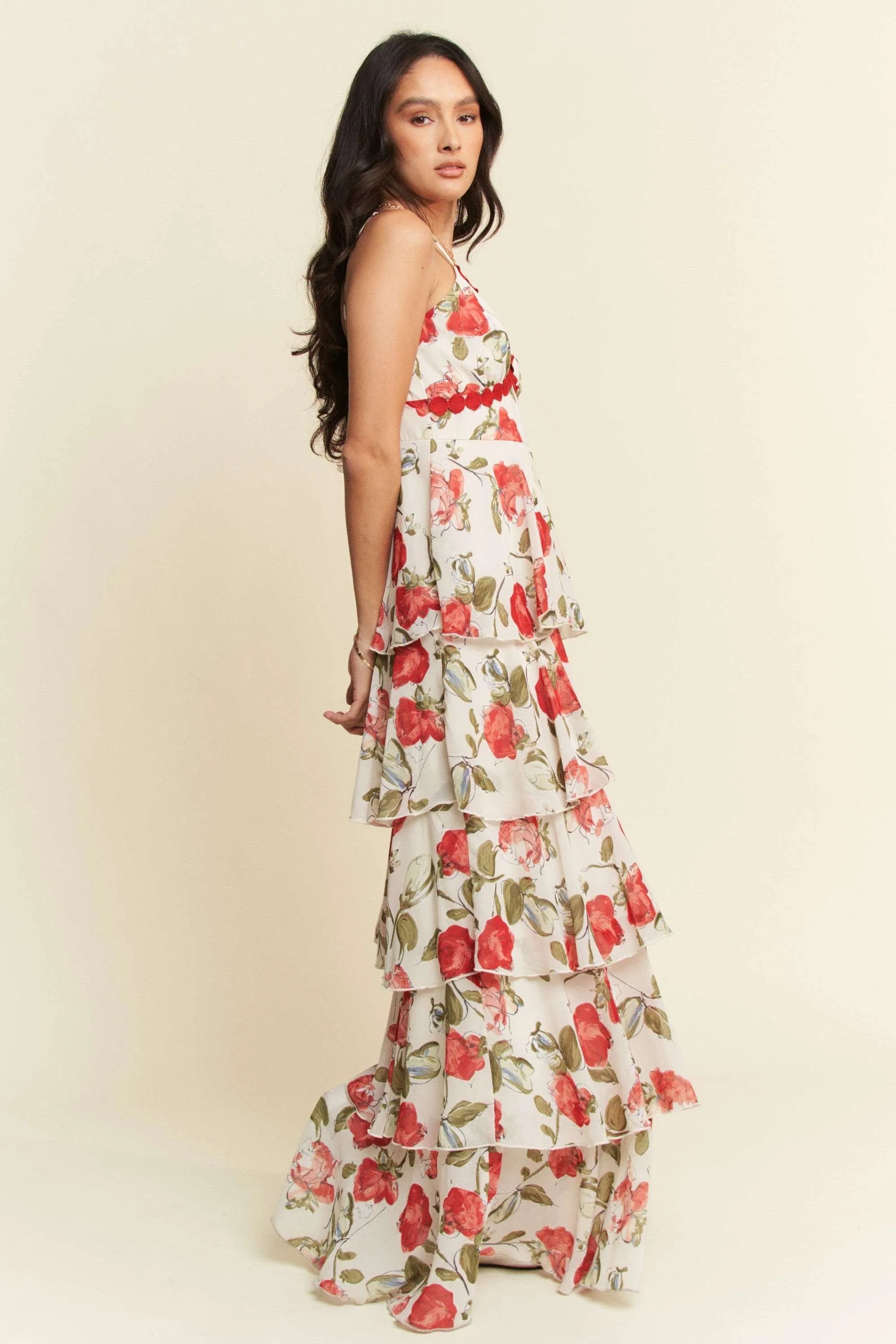 Davi & Dani Contrast Ring Lace Layered Ruffle Maxi Cami Dress-Davi & Dani-IVORY RED-S-Urbanheer