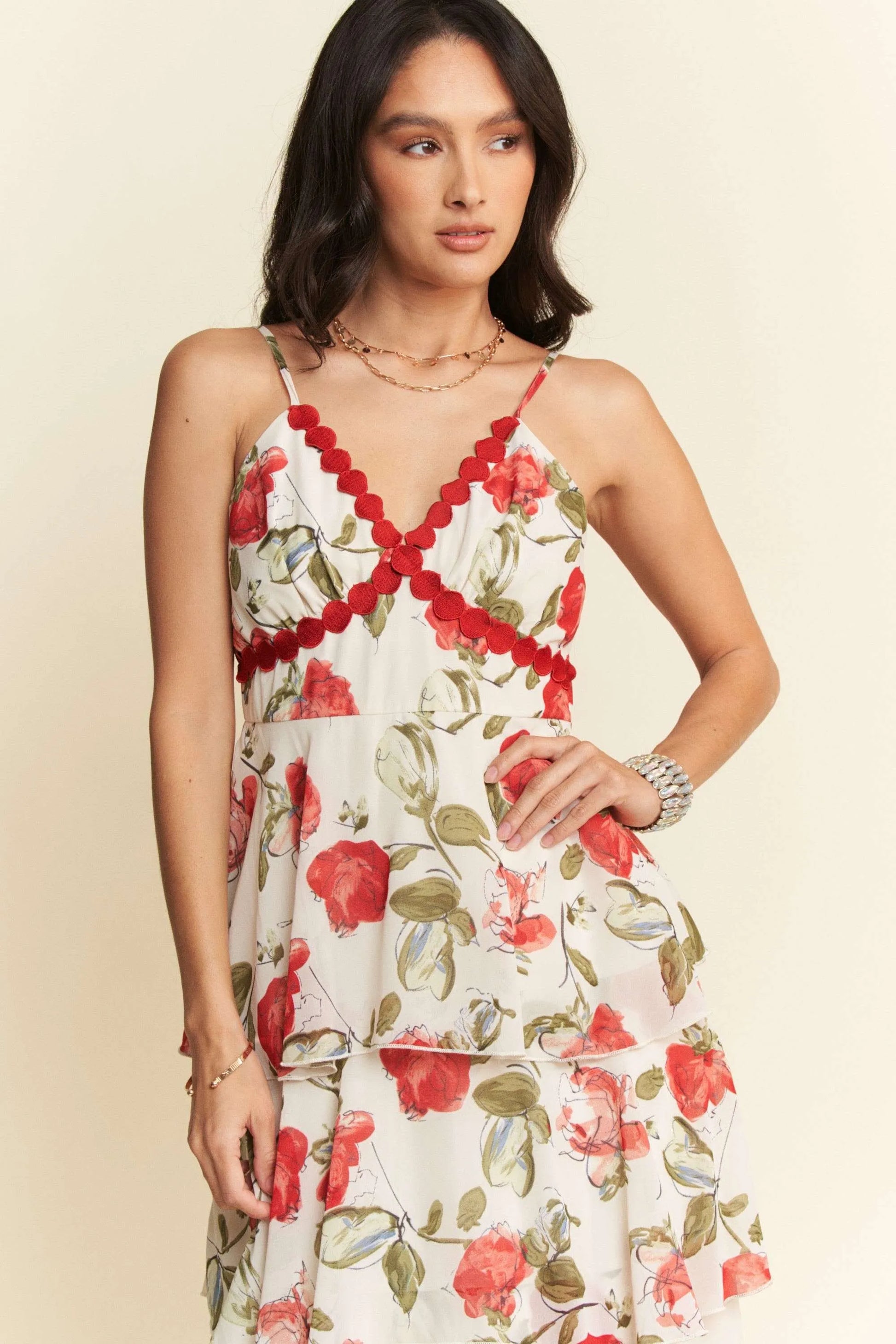 Davi & Dani Contrast Ring Lace Layered Ruffle Maxi Cami Dress-Davi & Dani-IVORY RED-S-Urbanheer