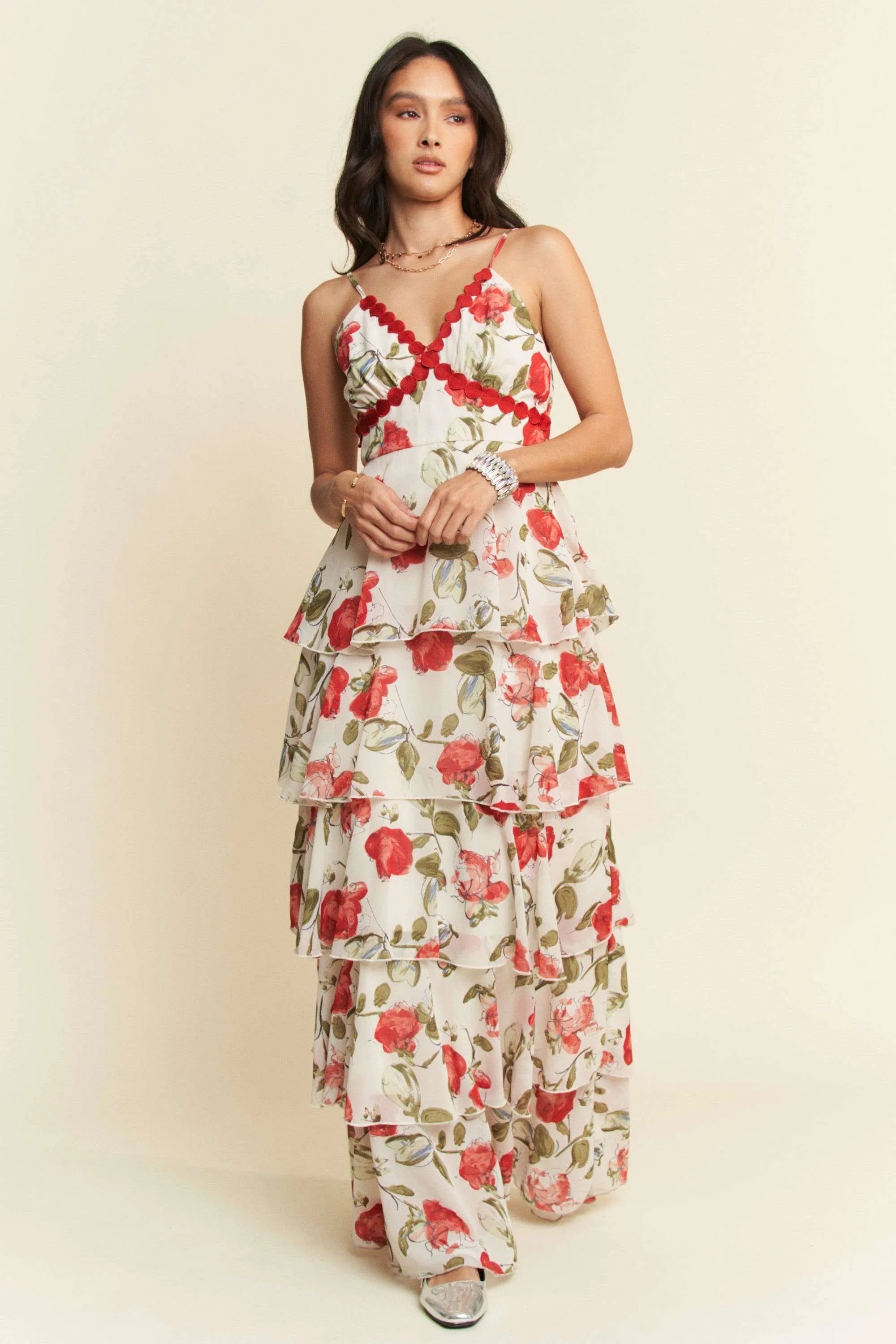 Davi & Dani Contrast Ring Lace Layered Ruffle Maxi Cami Dress-Davi & Dani-IVORY RED-S-Urbanheer