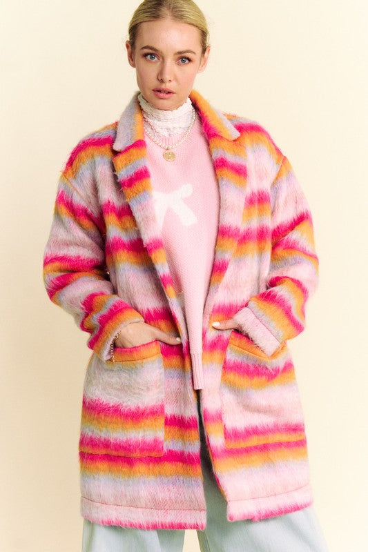 Davi & Dani Contrast Striped Open Front Coat with Pockets-Street 360-Pink Orange-S-Urbanheer