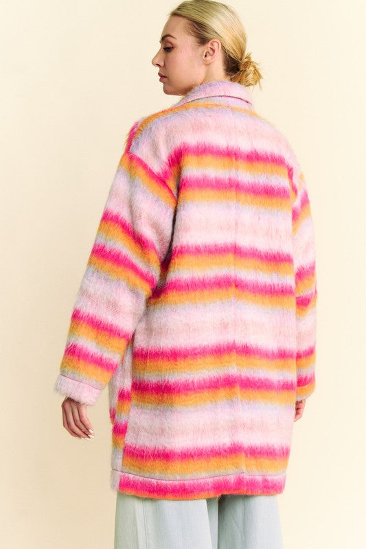 Davi & Dani Contrast Striped Open Front Coat with Pockets-Street 360-Pink Orange-S-Urbanheer