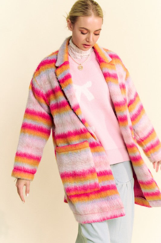 Davi & Dani Contrast Striped Open Front Coat with Pockets-Street 360-Pink Orange-S-Urbanheer
