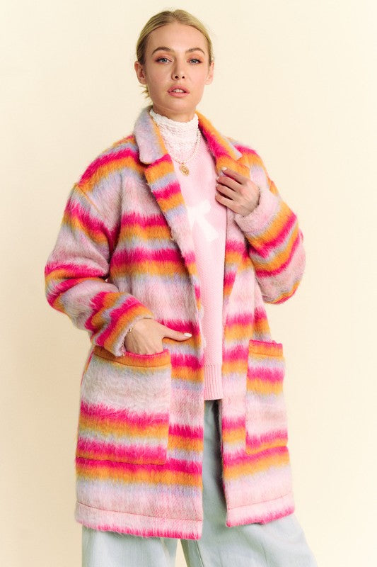Davi & Dani Contrast Striped Open Front Coat with Pockets-Street 360-Pink Orange-S-Urbanheer