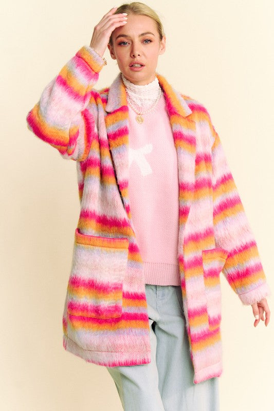 Davi & Dani Contrast Striped Open Front Coat with Pockets-Street 360-Pink Orange-S-Urbanheer