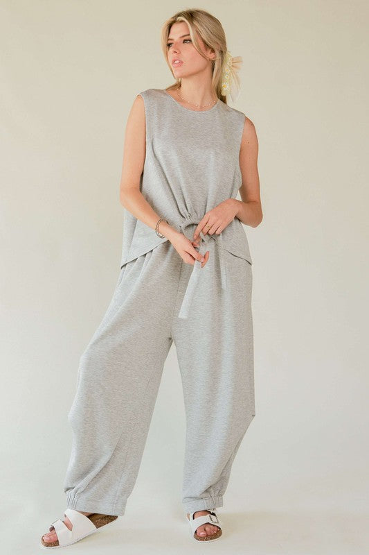 Davi & Dani Drawstring Hem Round Neck Tank and Pants Set-Street 360-HEATHER GREY-S-Urbanheer