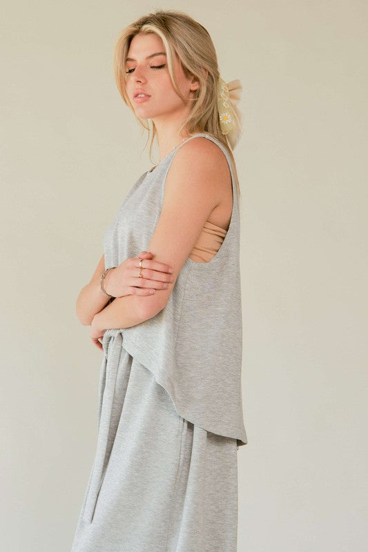 Davi & Dani Drawstring Hem Round Neck Tank and Pants Set-Street 360-HEATHER GREY-S-Urbanheer