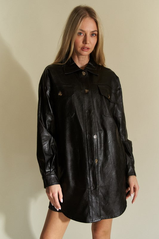 Davi & Dani Faux Leather Button Up Jacket with Chest Pockets-Street 360-Black-S-Urbanheer