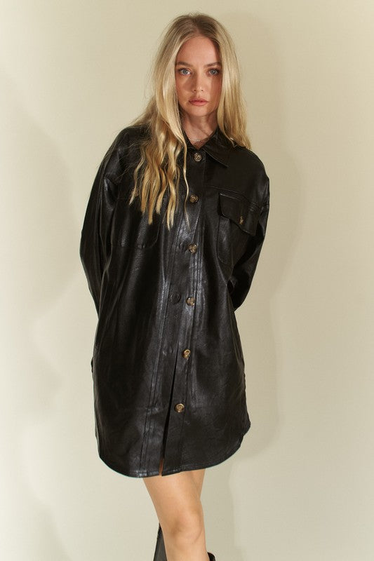 Davi & Dani Faux Leather Button Up Jacket with Chest Pockets-Street 360-Black-S-Urbanheer