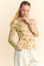 Davi & Dani Floral Mesh Long Sleeve Sheer Layering Top-Davi & Dani-CREAM LATTE-S-Urbanheer