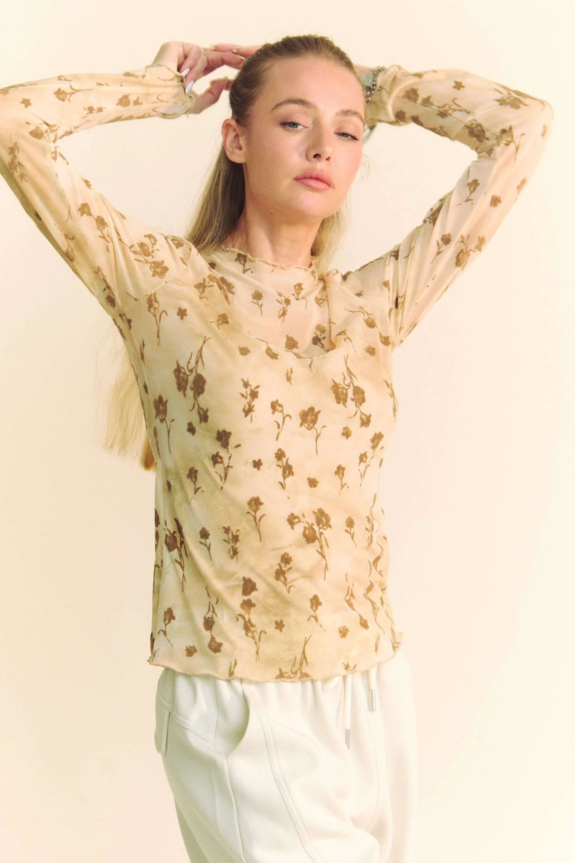 Davi & Dani Floral Mesh Long Sleeve Sheer Layering Top-Davi & Dani-CREAM LATTE-S-Urbanheer