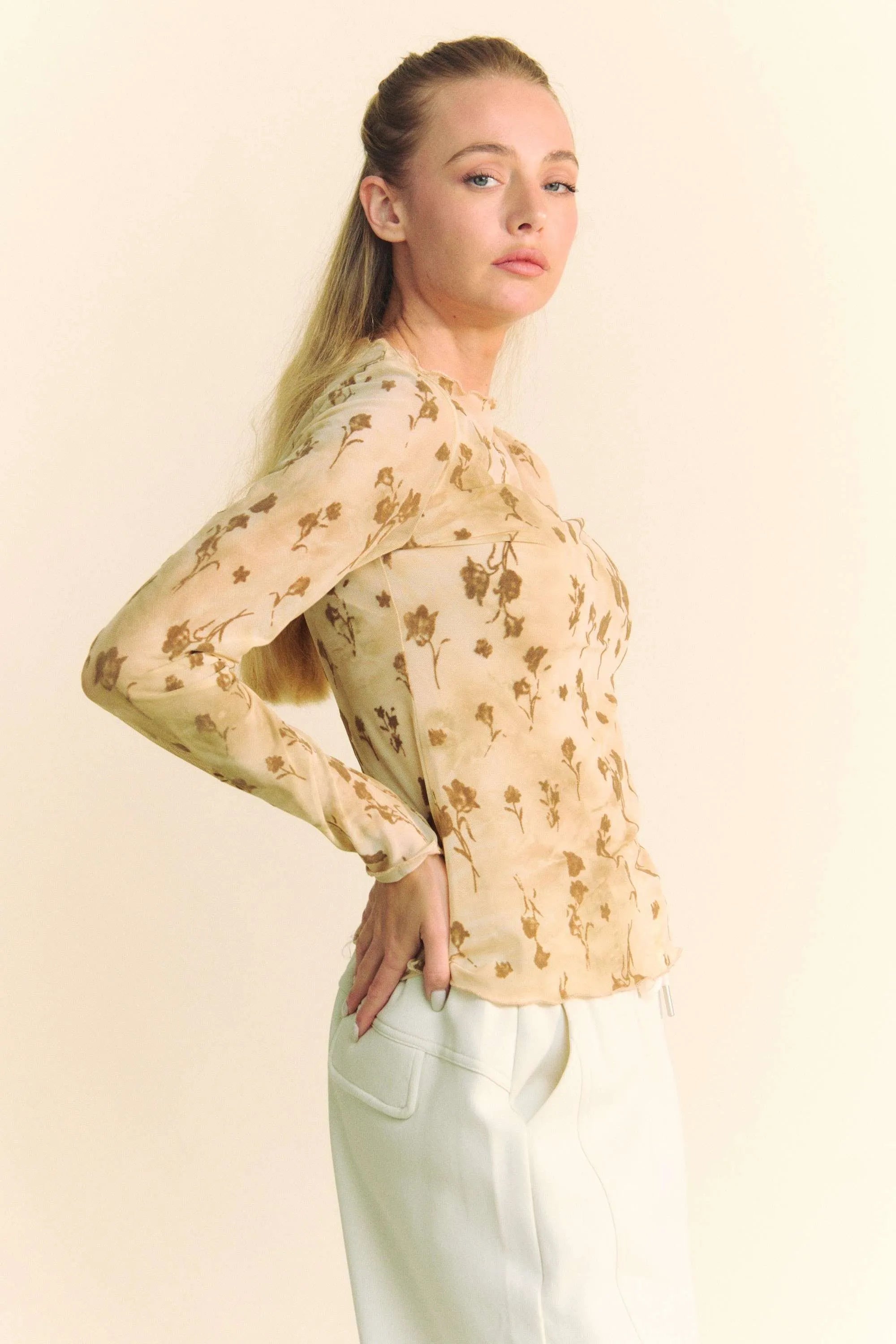 Davi & Dani Floral Mesh Long Sleeve Sheer Layering Top-Davi & Dani-CREAM LATTE-S-Urbanheer