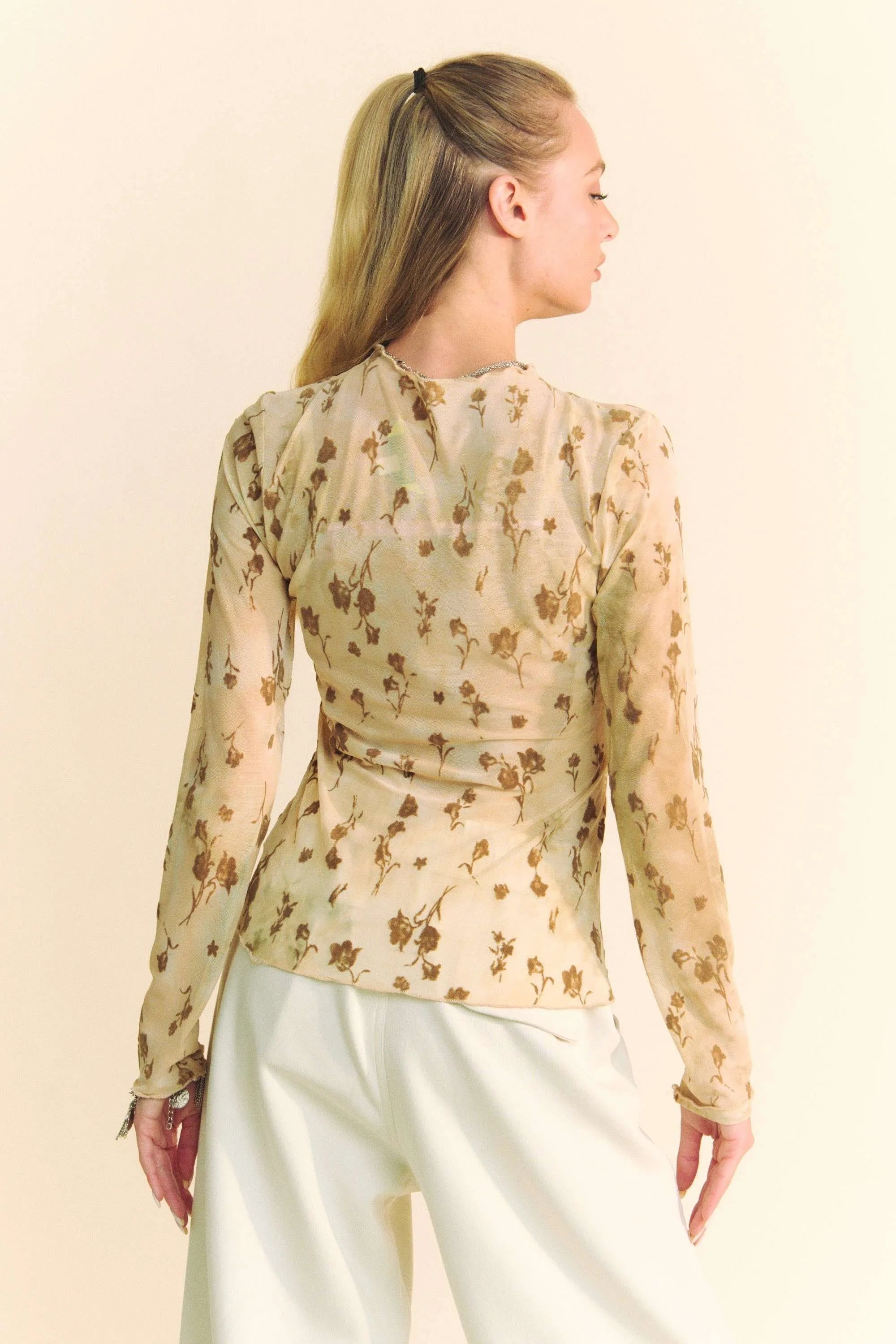 Davi & Dani Floral Mesh Long Sleeve Sheer Layering Top-Davi & Dani-CREAM LATTE-S-Urbanheer