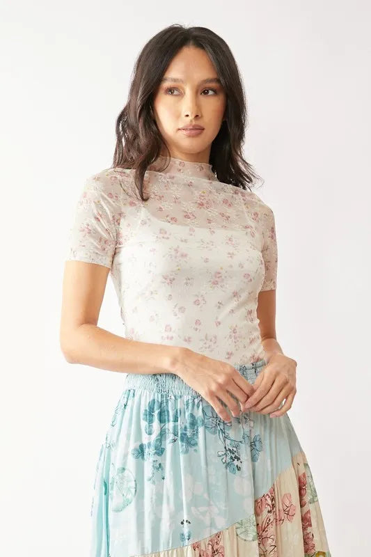 Davi & Dani Floral Mesh Mock Neck Short Sleeve Top-Davi & Dani-INDIAN PINK-S-Urbanheer