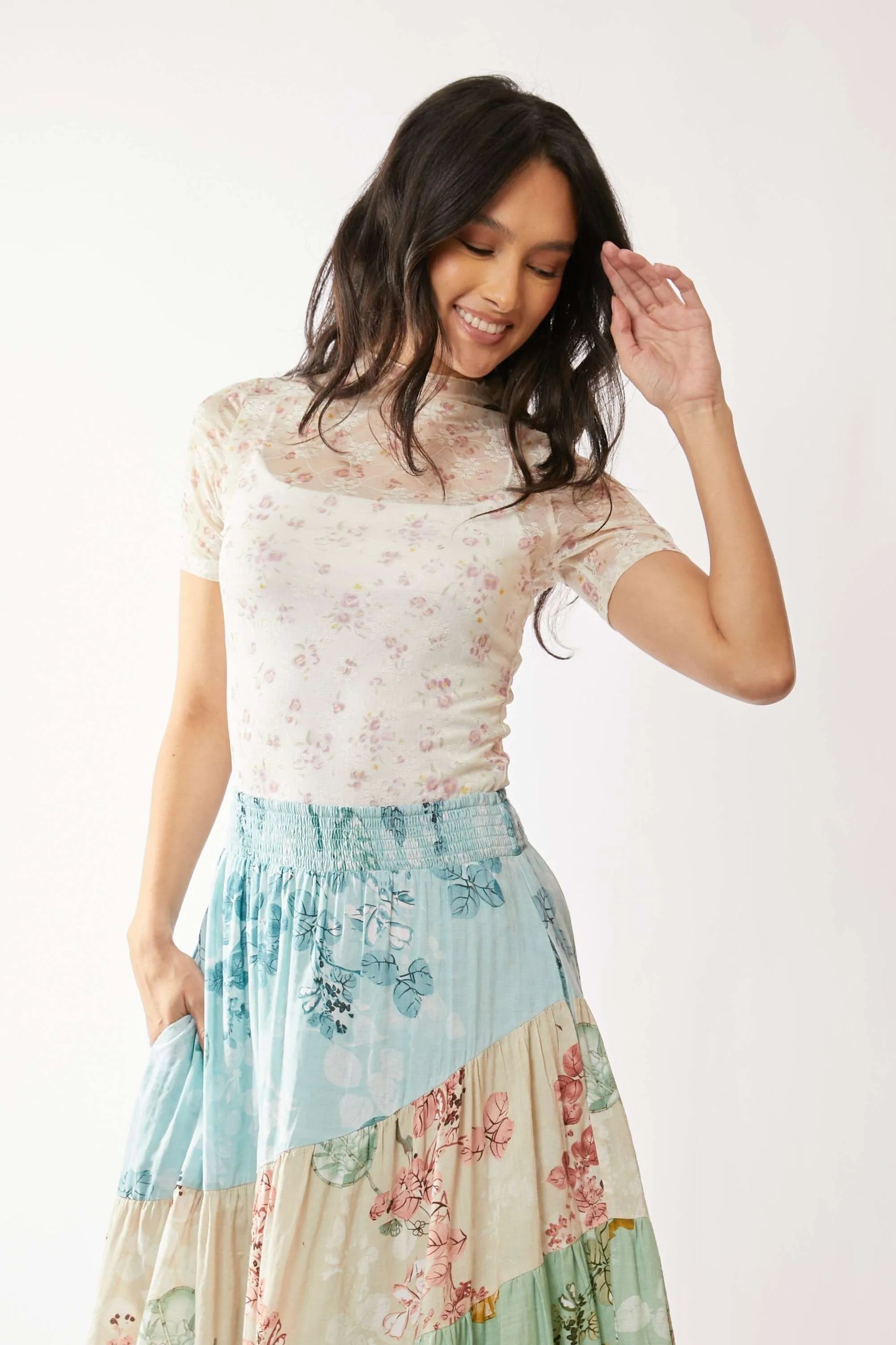 Davi & Dani Floral Mesh Mock Neck Short Sleeve Top-Davi & Dani-INDIAN PINK-S-Urbanheer