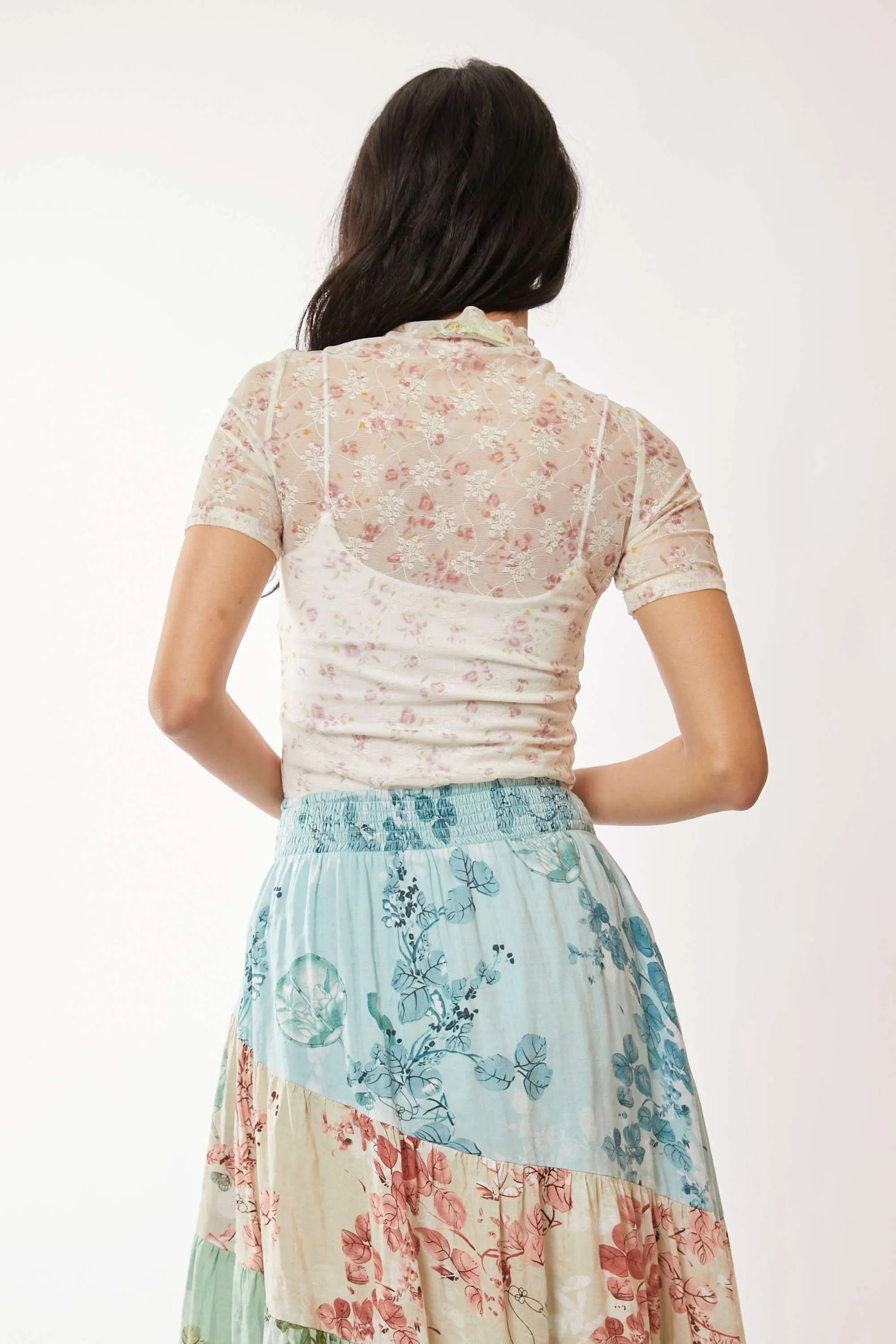 Davi & Dani Floral Mesh Mock Neck Short Sleeve Top-Davi & Dani-INDIAN PINK-S-Urbanheer